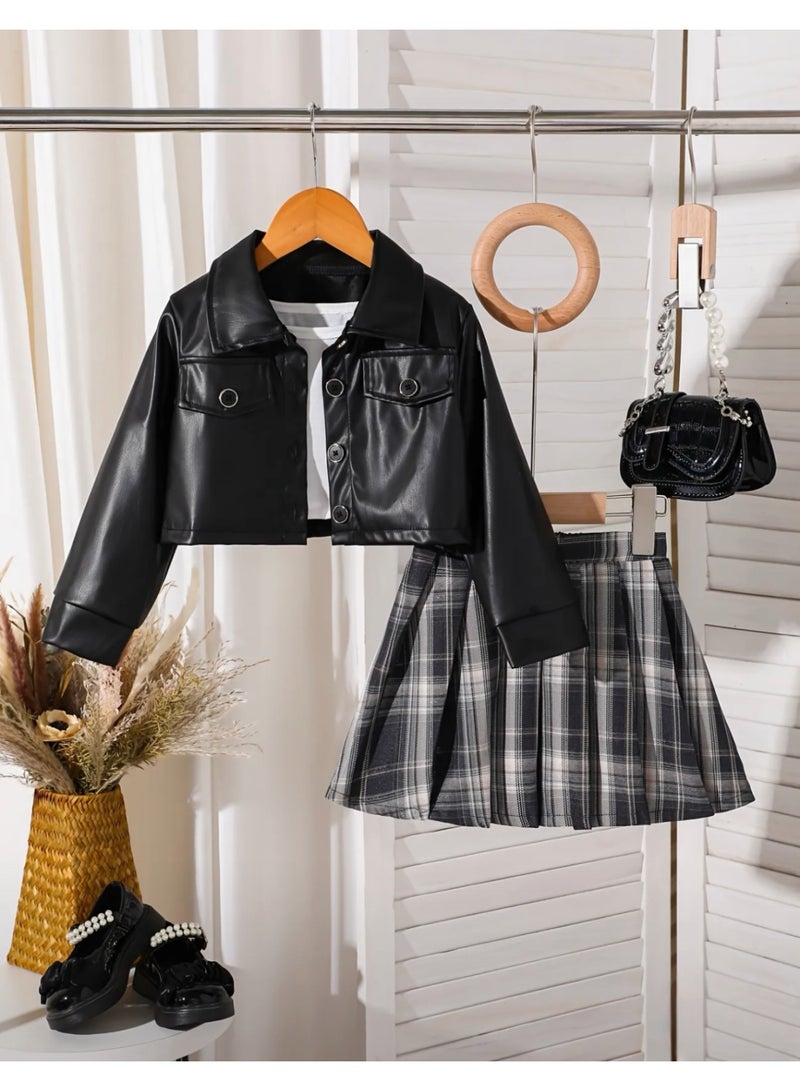 Girls Black Faux Leather Jacket & Plaid Pleated Skirt Set – 3PCS Fashion Outfit - Image 3